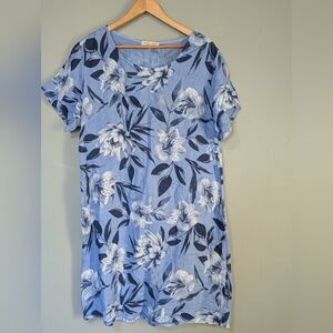 Orange Amore Made In Italy 100% Linen Floral Blue Women's L/XL Dress